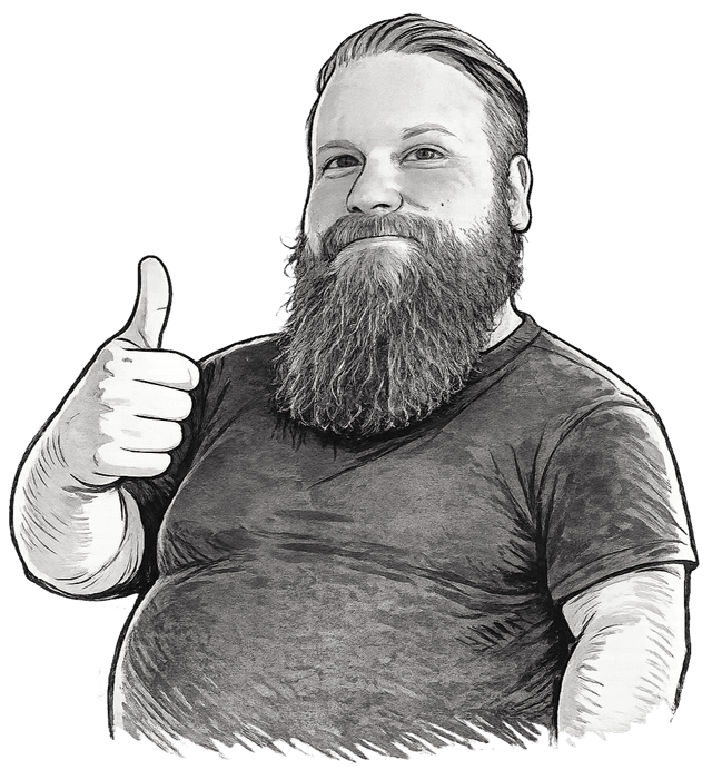 A pencil sketch of Thomas, bearded and giving an enthusiastic thumbs up