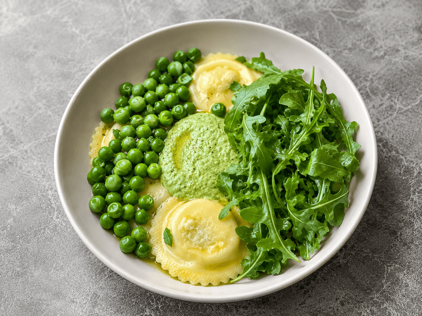 Lemon Ravioli in Creamy Pea Sauce, plated up